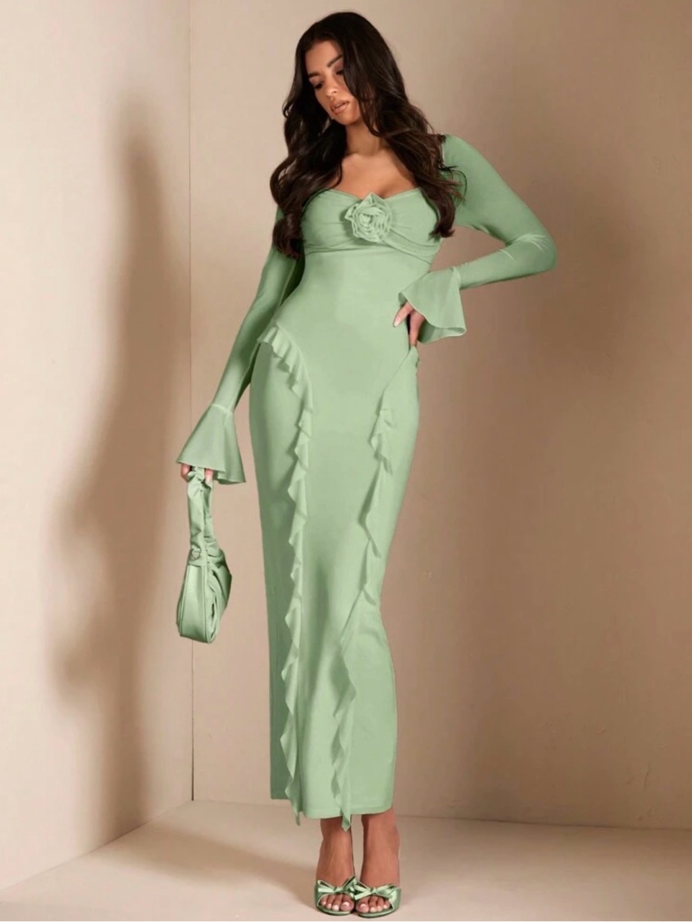Elegant Sage Green Long Sleeve Ruffle Dress